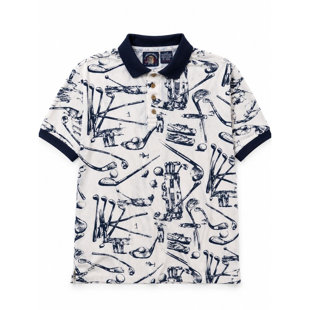 Salty Dog Golf Polo Shirt Men's L White Blue Graphic Print Short Sleeve